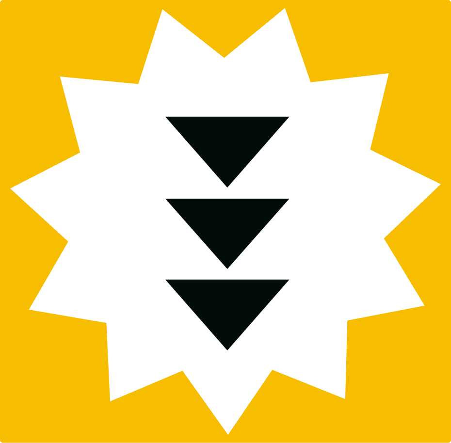 White spikey shape with 3 black triangles in on a yellow background